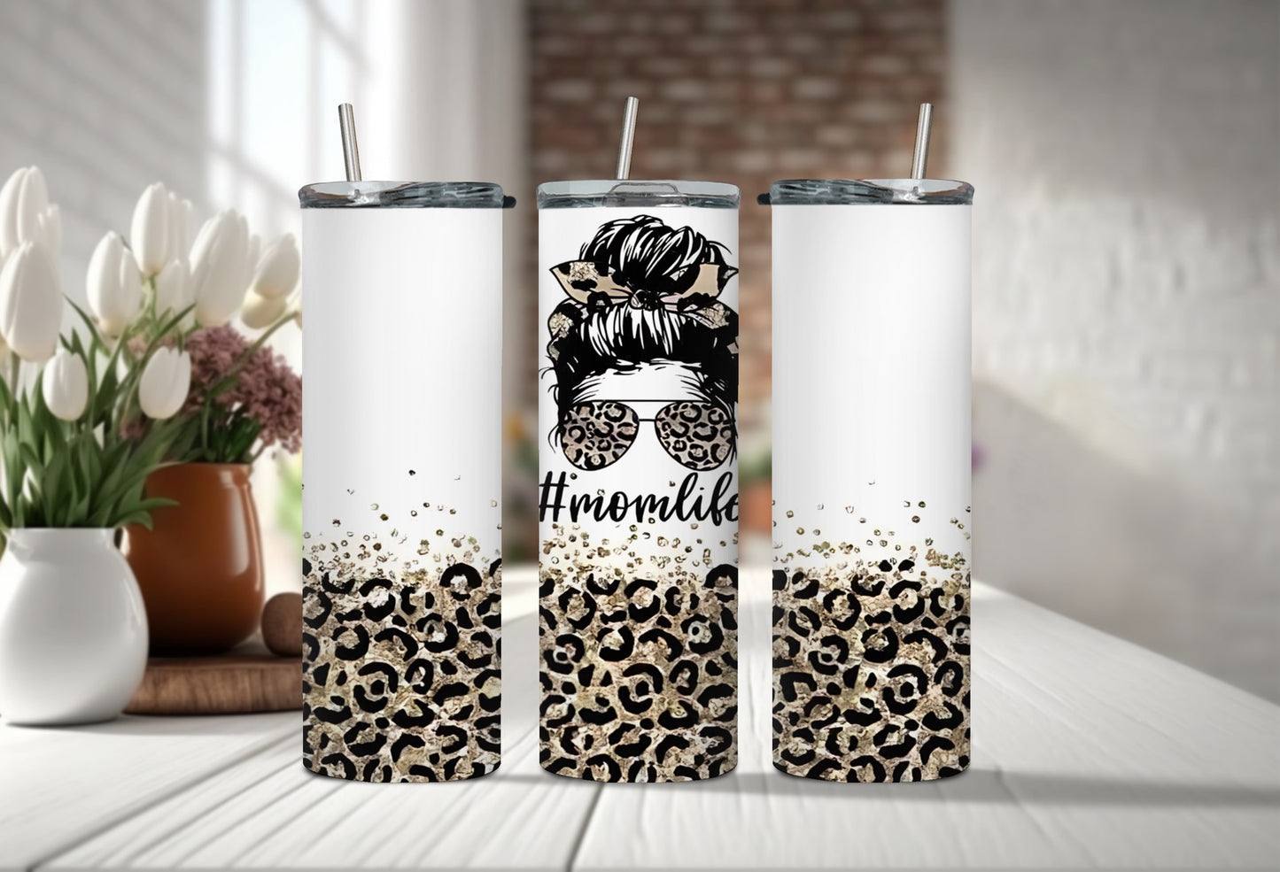 Glitter Leopard Print Mom Life 20oz