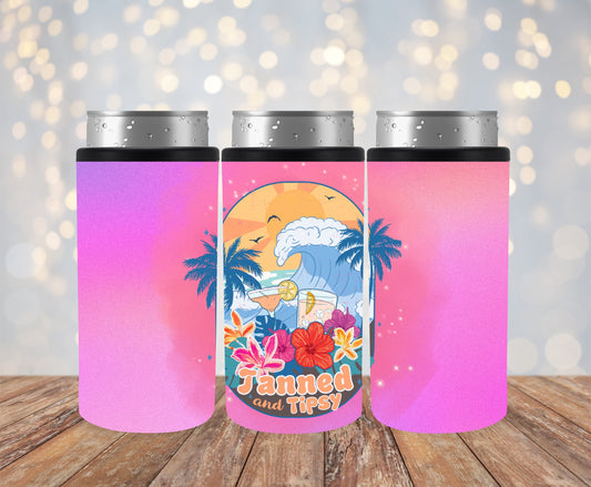Pink Tanned & Tipsy 12oz Can Cooler